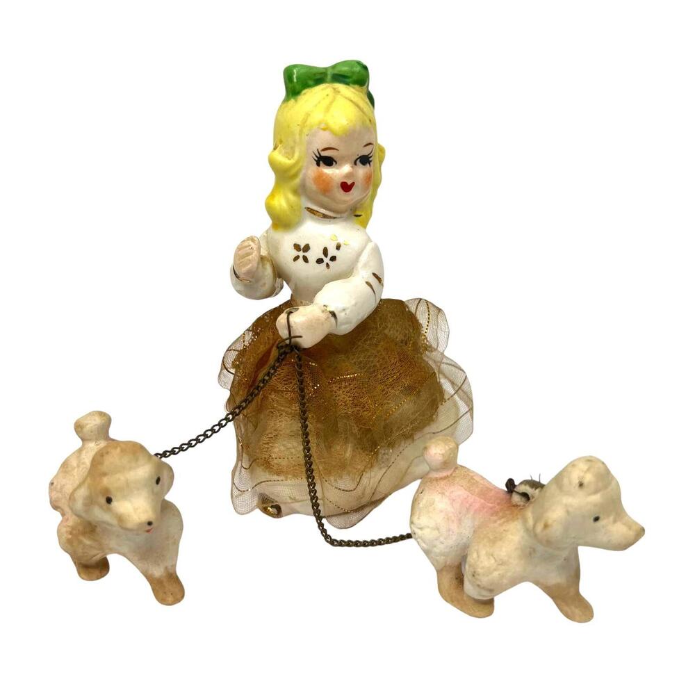 EMPRESS Girl Walking 2 Poodles Vintage Ceramic Figurine Made in Japan VG Cond